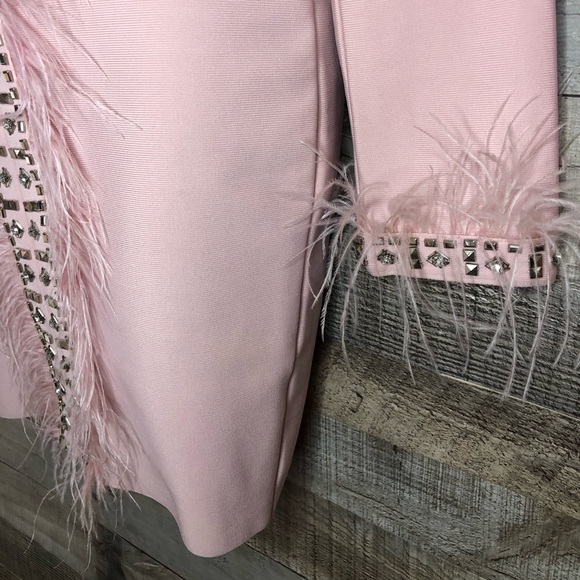 Pink/Salmon Colored Fashion Nova Bandage Dress with Feather Accents Size S - Picture 9 of 16